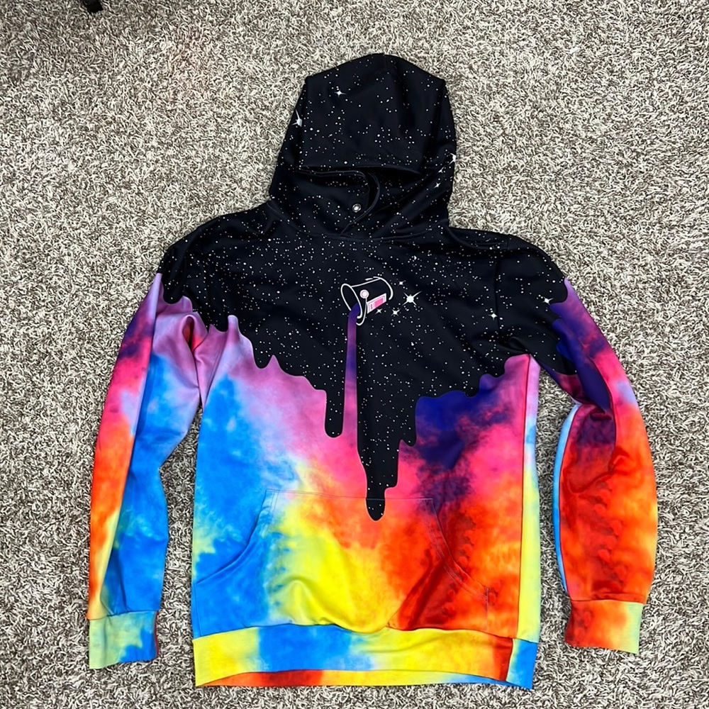 EUC men’s medium sweater hoodie Pizoff rainbow colorful black galaxy